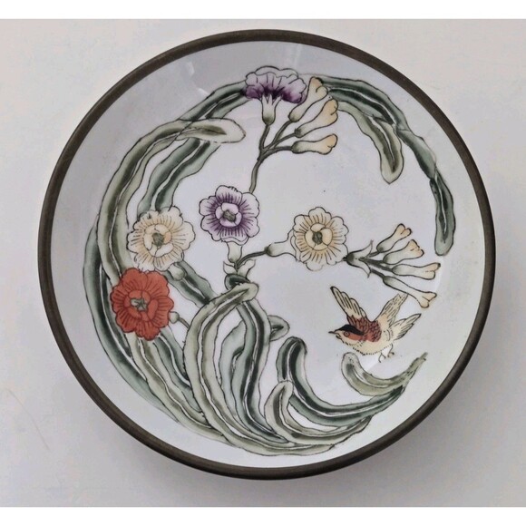 Vintage Japanese ACF Hand Painted Floral Porcelain Ware Brass Trinket Bowl Dish - Picture 1 of 5